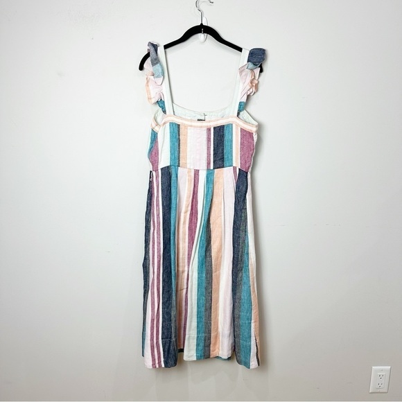 Jcrew Linen Stripe Midi Dress Button Up Ruffle Shoulder - Picture 4 of 9